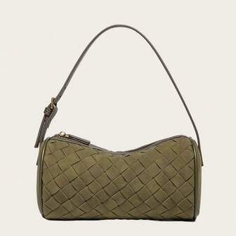 [Slouchy] Knitted Cylindrical Pillow Bag, Brown Mini Underarm Bag For Women, Retro Zipper Shoulder Bag, Niche High-End Feeling, Luxury Niche, Can Store Phone & Card Holder, Daily Commute Bag