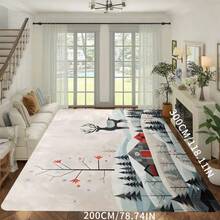 1 pieza Alfombra de área con diseño de árboles de pino, copos de nieve y ciervos, lavable, para usar en salas de estar, dormitorios, hoteles, restaurantes, salas de lectura, de gran tamaño, para decoración interior y exterior
