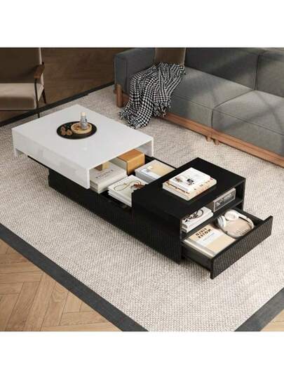 100*50*38cm Hochglanz Kaffeetisch,Wohnzimmertisch Mit Schublade,Beistelltisch Schiebeplatte,Geometrischer Tisch,Couchtisch Schwarz Weißem Näh ,Großer Stauraum view 4