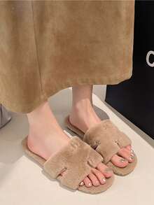 Women's Camel Flat Open Toe Fluffy Slippers, New Autumn/Winter Furry Low Heel Slip-On Slippers, Soft Plush Beach/Home Slippers, Lightweight Comfortable Warm Fuzzy Slides, Open Toe & Heel Slippers - Camel - View 3