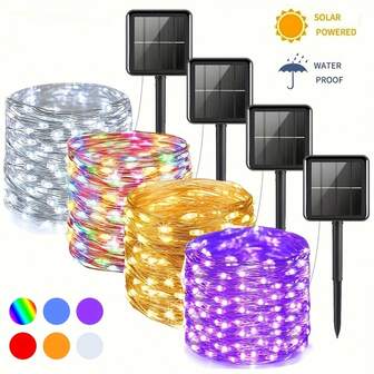 4 件装太阳能仙女灯，50/100/200/300 LED 太阳能灯串，铜线灯串，8 种模式，防水太阳能花园灯，适用于庭院、树木、圣诞节、婚礼等场合。