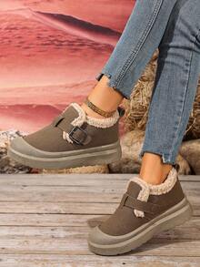 1 par de botas de nieve de estilo coreano de moda para mujer, diseño con hebilla, cortas y de felpa, botas de nieve para exteriores, resistentes al frío, antideslizantes, resistentes al desgaste, invierno - Camello - Ver 7