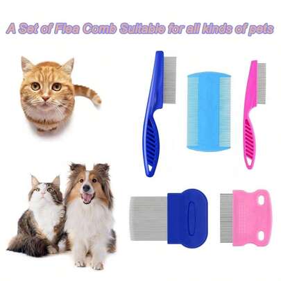 Pack Flea Lice Comb,Stainless Steel Dog Cat Grooming Combs With Rounded Teeth,Double Sided Professional Pet Tear Stain R...