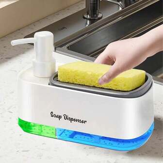 二合一厨房洗洁精和洗手液分配器套装，包含泡沫皂液器、清洁刷、海绵和洗碗布
