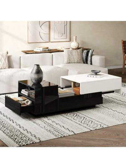 100*50*38cm Hochglanz Kaffeetisch,Wohnzimmertisch Mit Schublade,Beistelltisch Schiebeplatte,Geometrischer Tisch,Couchtisch Schwarz Weißem Näh ,Großer Stauraum view 3