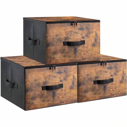 Foldable Organiser Boxes Set Of 3 With Zipped Lids & Handles - Collapsible Fabric Storage Bins For Wardrobe, Shelves & Under-Bed Storage Basket Boxes (Sand Beige)