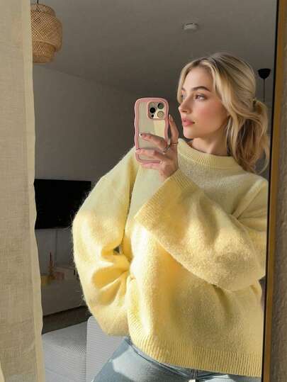 Suéter de punto de manga larga de color liso y casual, estilo versátil y a juego, de lana sintética, cálido, para otoño/invierno, ropa de invierno para mujer, ropa de Año Nuevo