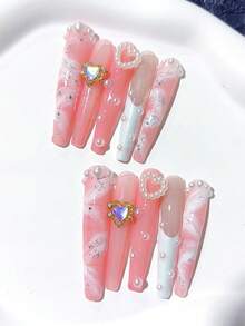 10 piezas de uñas postizas de estilo Y2K, extra largas, en forma de ataúd, con brillo rosa aurora, hechas a mano, con cintas blancas, perlas blancas, lentejuelas plateadas, elegantes y lujosas; Suministros para uñas, uñas acrílicas, uñas hechas en casa, DIY, arte de uñas, uñas acrílicas falsas; Adecuado para vacaciones, cumpleaños, fiestas, uso diario; Incluye 1 pieza de pegamento de gelatina y 1 pieza de lima mini