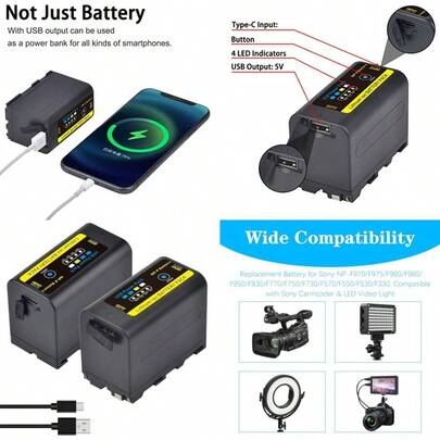 2Pack NPF750 Battery For  NPF970 NPF975 NPF980 NPF960 NPF770 NPF550 Battery And  Handycam Camcorders For YONGNUO Godox LED Video Light With USB TypeC Charging Cable