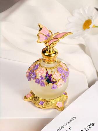 בקבוק בושם וינטג' אמייל עם פרפרים ופרחים - מיכל זכוכית חלבית יוקרתי למילוי חוזר, קישוט שולחן עבודה אלגנטי ומתנה לחג לנשים