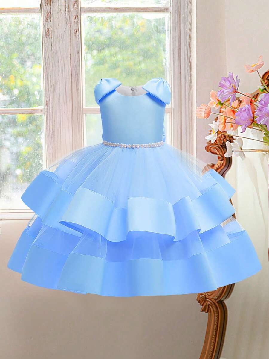 Young Girls Sleeveless Mesh Satin Back Bow Elegant Party Dress Suitable For Weddings, Headband Not Included - Baby Blue - View 1