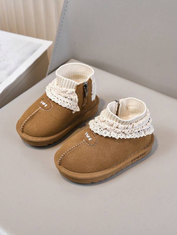 A Pair Of Girl's Korean-Style Baby Snow Boots, Winter New Baby Walking Shoes With Lace Knitted Snow Boots, Short Boots, Insulated And Fluffy