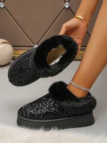 1 par de pantuflas de casa con suela gruesa, forradas y cálidas, de estilo moderno, adecuadas para adolescentes, para otoño/invierno - Negro - Ver 8