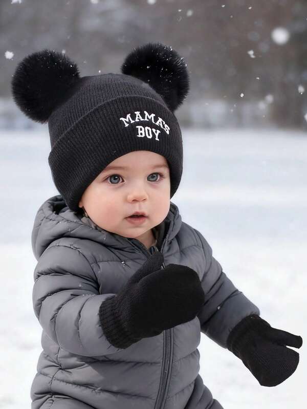 1 set "Niño de mamá" Conjunto de invierno cálido para bebé niño - Adorable gorro de punto con doble pompón y guantes de dedo completo, esencial para paseos de niños pequeños en la nieve/invierno, cálido, elegante y lindo, equipo de abrigo ideal para bebés, niños pequeños y niños