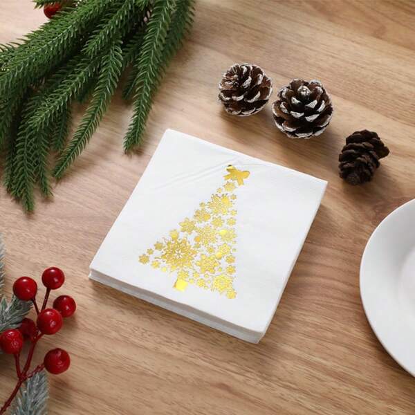 20pcs 25*25cm Double-Layer Gold Foil Christmas Tree Napkins, Suitable For Christmas Party Decoration