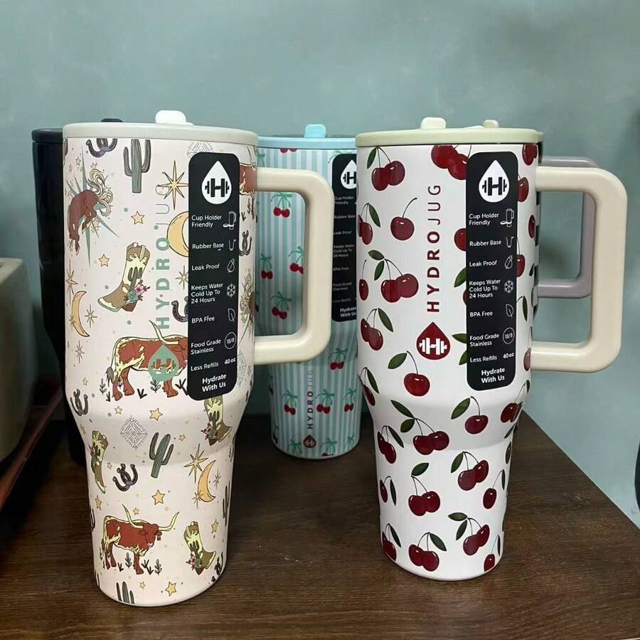 40oz Large Capacity Hydro 1200ML 304 Stainless Steel Insulated Water Bottle Insulated Coffee Cart Cup Hot And Cold Cups, Straw With  Handle  Jug - 彩色 - 查看 1
