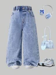 Young Girl Versatile Fashion Bleached Straight Leg Casual Jeans, Summer, 8 Years, Loose Cute Jeans, Loose Denim, Loose Jeans