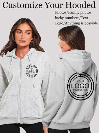 Customized Women's Hooded Zip-Up Sweatshirt Jacket - Customized Front/Back Patterns, Logo, Christmas, Halloween, Pumpkin, Skull, Thanksgiving, Turkey, Team Logo, School Uniform, Advertising Print, Lucky Number, [Family, Pet, Friend Photos Can Be Customized], Warm Thermal Lined For Autumn