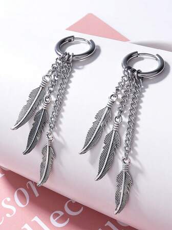 优雅羽毛吊坠耳环 - 防过敏不锈钢波西米亚风格珠宝叶链长流苏耳环朋克哥特式耳环适合男女派对和礼物
