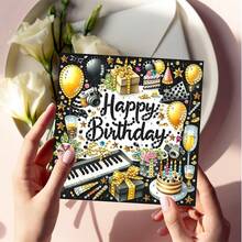 6件套生日主题钻石画贺卡套装，DIY 5D独特钻石艺术马赛克手工卡片，创意马赛克手工明信片，工艺纸材质，适用于派对用品、生日祝福和新年问候。