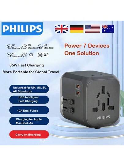 PHILIPS SPS1004B/93 35W PD Fast Charging Adapter, Compatible With UK, Europe, America, Australia, And Japan Plugs, 3A2C Multi-Port Charging, Suitable For Travel And Office Use, Portable Design.