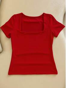 Set Of 3 Basic Blouses In Spandex With Square Neckline And Short Sleeves (Lined) - 紅/棕/黑 - 查看 3