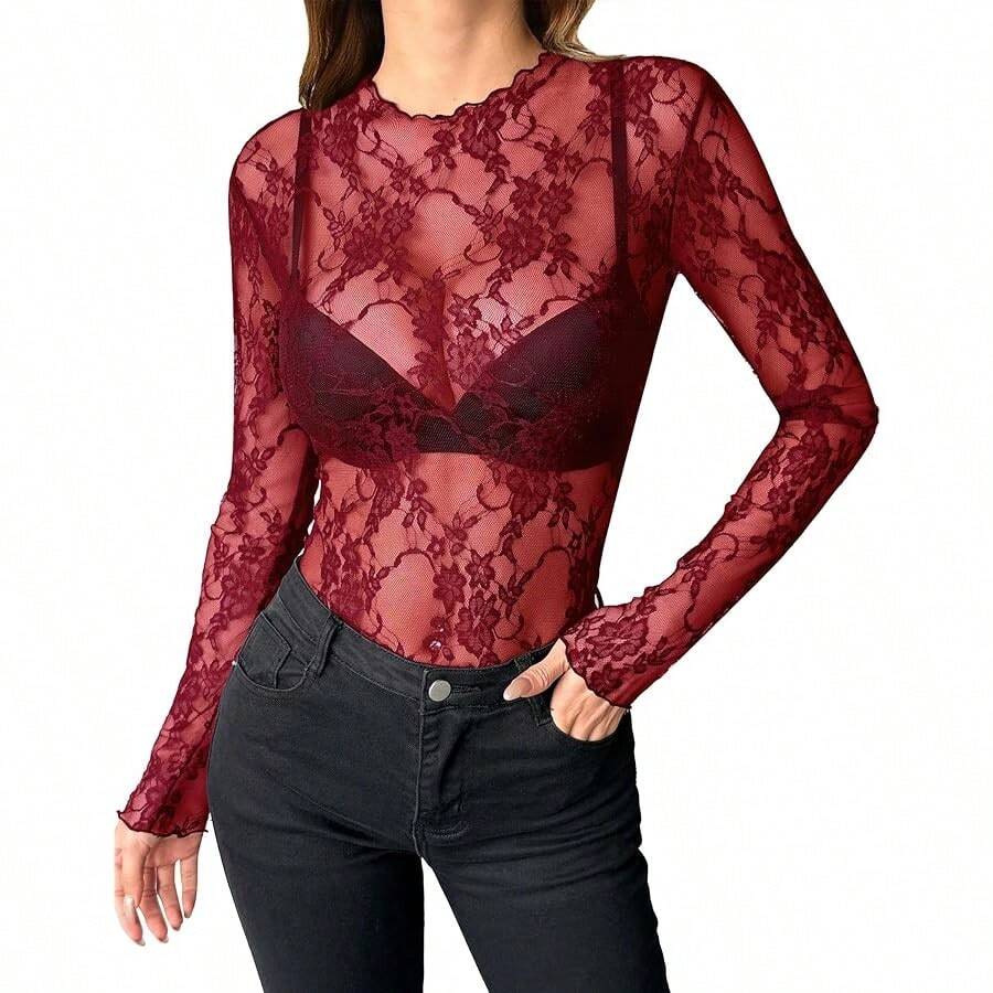 Womens Mesh Long Sleeve Tops Mock Neck Going Out See Through Shirts Sexy Sheer Blouses Clubwear S-XXL - Ren rượu vang đỏ - Xem 1