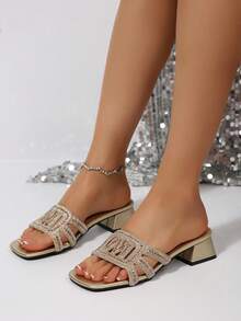 Sandali con tacco largo da donna, sandali slip-on con cinturini gioiello alla moda, adatti per appuntamenti, shopping, feste, riunioni, pendolarismo, lavoro, outfit primaverili ed estivi - Dorato - Visualizzare 7