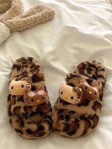 New Leopard Print Cute Cat Decor Creative Winter Thick Bottom Plush Slippers For Women, Warm Lined Shoes Insulation, Galentines, Puppy, Carnival,Shoe,Spring Summer Picks,Brides Maid Gifts,Room,Bedroom Decor,Beach,Travel,For Men,For Women,Vacation,Cute Stuff - Multicolor - View 8