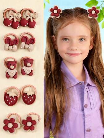 10条蜂蜜女孩风格彩色混合发圈，带红色蝴蝶结 - 可爱多功能卡通主题弹力发带，适合日常使用，采用耐用树脂材料制成，不含纸板。
