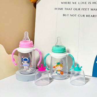 1 st. mjölkflaska i PP med handtag, sugrörsmugg, gravitationsboll, kvävningsskydd, fallskydd, tecknat mönster, graderad, 150 ml/280 ml, rosa