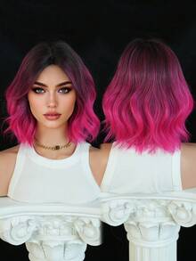 12-Inch Short Wave Rose-Pink Ombre Wigs For Women,Elegant Wavy Bob Wigs With Curtain Bangs,High Quality Soft Synthetic Fiber Wigs For Women Daily Wear, Festival Ready Party Use, Graduation Gift - Beginners Glueless Wig Accessorie - 漸層 - 查看 4