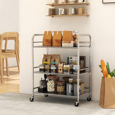 HOMCOM 3 Tier Stainless Steel Storage Trolley With Adjustable Shelf, Serving Trolley With Locking Wheels And Handles, Rolling Cart For Kitchen, Dining Room, Bathroom, Silver