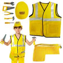 一套8件装儿童工程角色扮演服装，黄色，适合3岁以上男孩女孩，包括背心、帽子、腰带、锯子、扳手、螺丝刀、锤子和钳子，可用于家庭工程游戏、角色扮演道具、舞台表演道具、专业体验道具和万圣节游行道具。是送给男孩的最佳惊喜礼物、生日礼物、圣诞礼物、万圣节礼物，也是万圣节儿童玩具、男孩玩具和女孩玩具的理想选择。