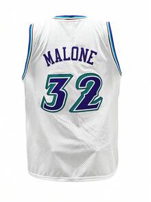 32# Plus Size Men's White Basketball Jersey, Snow Mountain Print + UTAH Embroidered Loose Fit V-Neck Sleeveless Top, Suitable For Basketball, Sports, Running, Workout, Gifts For Men Summer - White - View 3