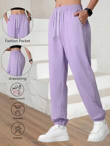 Women's Outdoor Casual Running Pants - Elastic Waistband Pockets Sports Trousers, Lightweight All-Season Pants, Women's Athletic Long Pants, Suitable For Gym, Machine Washable, Solid Color Design, Comfortable Fit, Y-Shape Style, Elastic Waist, Ideal For Outdoor Hiking & Sports Enthusiasts