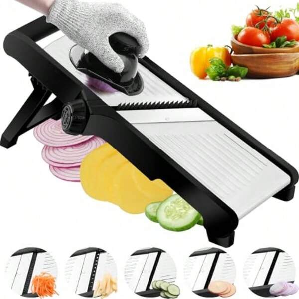 Mandoline Slicer Adjustable Mandoline Slicer For Kitchen Stainless Steel Mandolin Vegetable Chopper For Potato Julienne Cutter With Cut-Resistant Gloves Black
