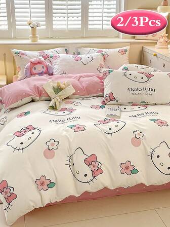 三丽鸥 2/3 件套被套床上用品套装 - Hello Kitty/Kuromi/Cinnamoroll/Pochacco（1 件被套 + 1/2 件枕套，不含填充物）可爱卡通图案，全尺寸，柔软舒适，适合宿舍、家庭卧室、酒店，四季皆宜，带拉链封口和枕套，多色可选，耐用，超大尺寸床上用品套装