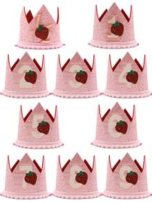 Strawberry Pattern Crown Birthday Party Hat, Handmade Glued Rainbow Crown Hat With Numbers 1, 2, 3, 4, 5, 6, 7, 8, 9 For Holiday Events, Party Decorations, Birthday Party Hat - Baby Pink - View 1