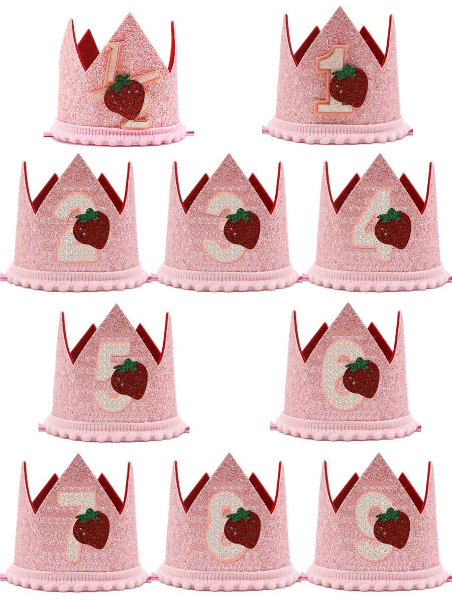Strawberry Pattern Crown Birthday Party Hat, Handmade Glued Rainbow Crown Hat With Numbers 1, 2, 3, 4, 5, 6, 7, 8, 9 For Holiday Events, Party Decorations, Birthday Party Hat - Baby Pink - View 1