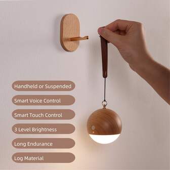 GOOD Solid Wood Voice & Touch Control Rechargeable Wall Lamp - USB Fast Charge + Portable Base, Dual Modes For Home Bedside, Camping, Emergency Power Outage Night Light, Christmas Gift Idea.