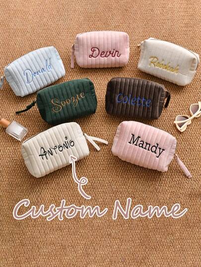 1 Pc Embroidery Custom Velvet Storage Name Custom Cosmetic Multicolor High-End Toiletry Bag Light Convenient Large Capacity Suitable For Business Trips Vacations Bridesmaid Gifts Makeup Bag For Her Bridesmaid Proposal Gift