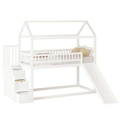 Beliche infantil 90 x 200 cm, cama alta com escorregador e escada com espaço para armazenamento, estrutura com grades de altas, estrutura da cama em madeira maciça, estrado de ripas, branca