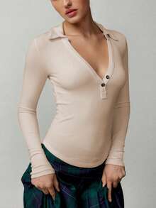 Mono de punto con botones frontales acanalado, estilo Y2K, top de manga larga de ajuste ceñido y versátil - Albaricoque - Ver 1