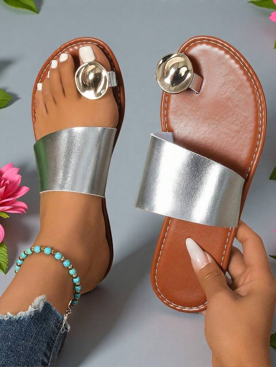 Women's Fashion Silver Flat Sandals, Shell Metal Toe Solid Color Anti-Slip Flat Shoes, PU Leather Arch Casual Beach Holiday Party Sandals - Silver (Upper) - View 1