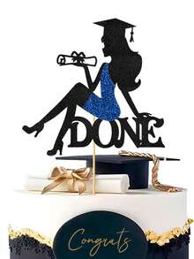 1件預組裝亮片「Done」畢業蛋糕裝飾插牌－女性畢業生剪影蛋糕插牌，適用高中與大學畢業派對裝飾 - 彩色 - 查看 10