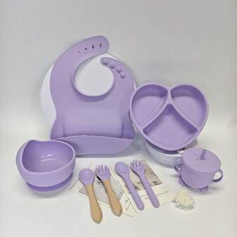 Juego de 8 piezas de alimentación esencial para bebés, plato de alimentación de silicona con múltiples compartimentos - Artículos para bebés, biberón con doble asa, tazón, baberos, tenedores y cucharas, fácil de agarrar, es un regalo de Navidad y Año Nuevo para cultivar las habilidades de autoalimentación de los niños, también adecuado para uso diario por niños mayores de 6 meses, se puede usar en lavavajillas y microondas.