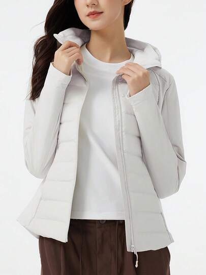 CAMEL CROWN Women's Yoga Jacket, Autumn/Winter Fashionable Fleece-Lined Windproof Warm Clothing, Versatile Slim Fit Hooded Down Jacket