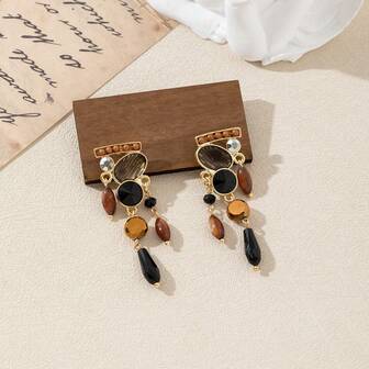1 par de pendientes colgantes bohemios vintage con cuentas geométricas, combinación de esmalte y cristal, joyería de fiesta retro, hecho a mano, con formas, colores y patrones variados