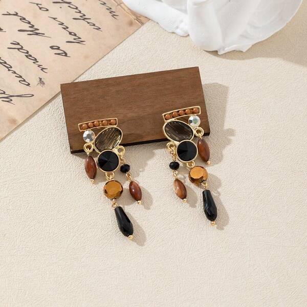 1 par de pendientes colgantes bohemios vintage con cuentas geométricas, combinación de esmalte y cristal, joyería de fiesta retro, hecho a mano, con formas, colores y patrones variados